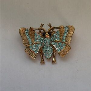 🟢Carol Lee Butterfly Gold & Blue Rhinestones Brooch/Pin